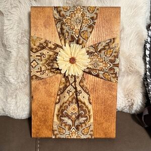 Decorative Wooden Wall Art with Floral Cross Accent—-Handmade